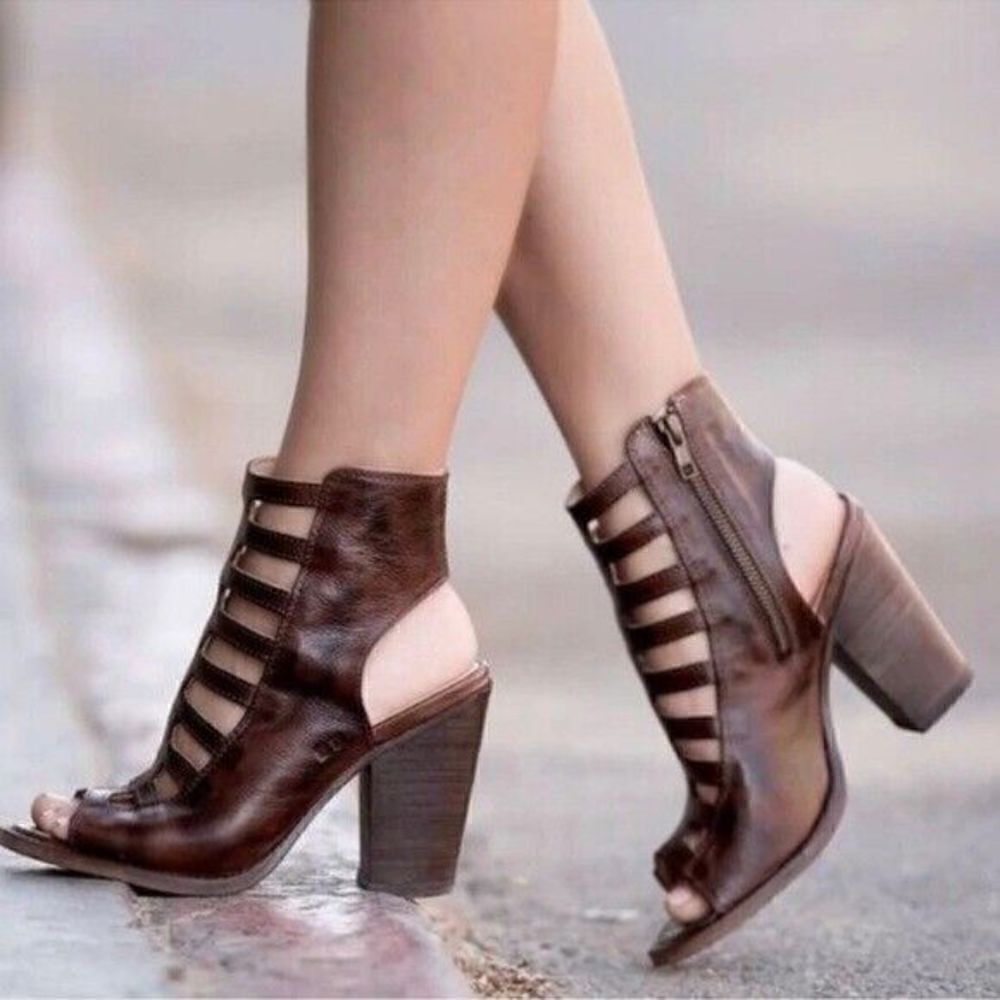 Bed Stu Occam Wedge CagedâSandals Sz 8 Teak Rustic Leather PeepâHeels